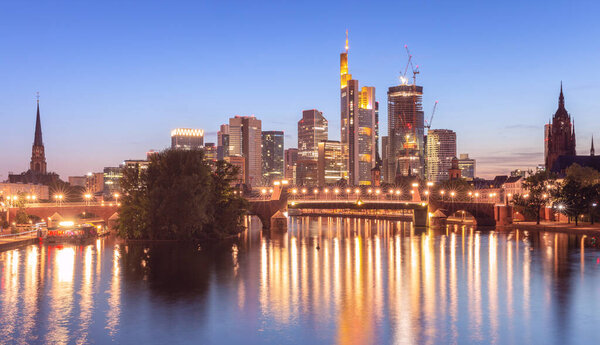 Picturesque sunset view of the skyscrapers in the business part of the city. Frankfurt am Main. Germany.