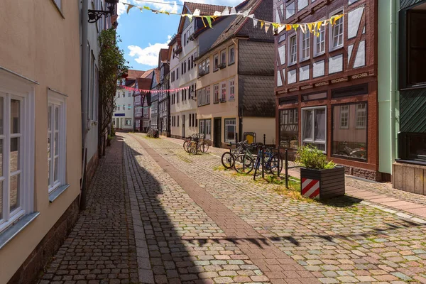 Prachtige Gevels Van Oude Duitse Vakwerkhuizen Marburg Een Zonnige Dag — Stockfoto