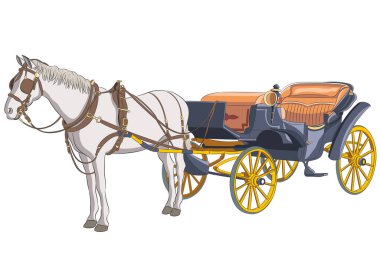 A horse harnessed to an old black horse-drawn carriage. clipart