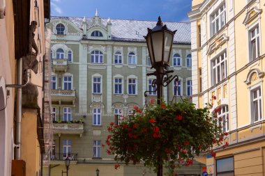 View of the facades of old traditional Polish houses on a sunny day. Swidnica. Poland.