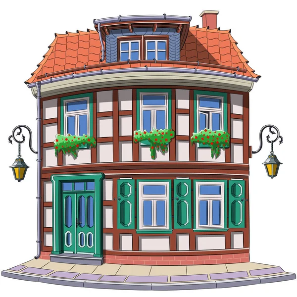 古いドイツの伝統的なハーフタイムの家を ウォルニガードの窓にタイル張りの屋根と花で描きました ドイツ ベクトルイラスト — ストックベクタ
