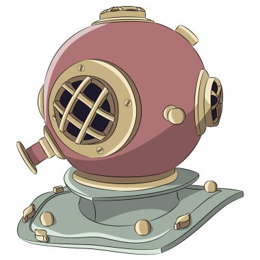 Bakır ve bronzdan yapılmış lombozlu eski bir dalış kaskı. Vektör illüstrasyonu.