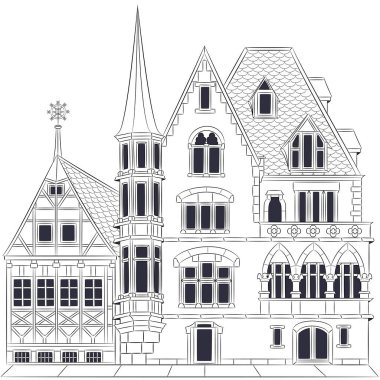 Geleneksel taş ve fayanslı çatılı yarı keresteli Alman evi. Vektör illüstrasyonu.
