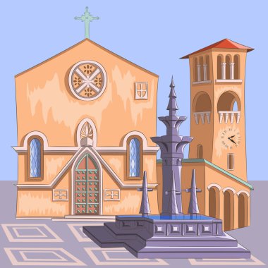 Theotokos Annunciation Kilisesi ve Rodos 'taki büyük çeşme manzarası. Vektör illüstrasyonu.