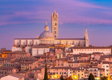 Günbatımı gökyüzünün arka planına karşı Siena 'daki ana katedral. İtalya. Toskana.