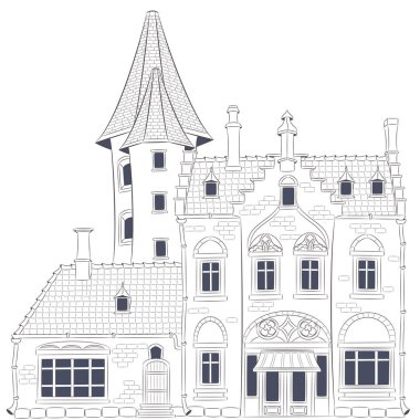 Bruges 'deki geleneksel eski bir evin siyah ve beyaz vektör çizimi. Belçika.