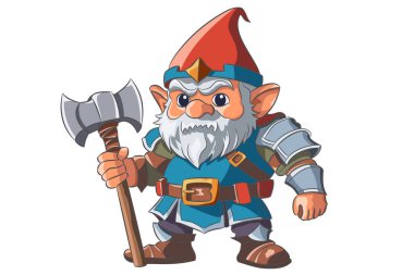A small fairy-tale bearded gnome in armor, a cap with a double axe. Vector illustration. clipart