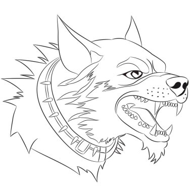 Çivili ve sivri dişleri olan kızgın bir köpeğin kafası. Siyah ve beyaz vektör çizimi.