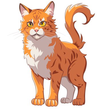 Büyük kırmızı, ciddi, beyaz bir arka planda izole edilmiş benekli kedi. Vektör illüstrasyonu.