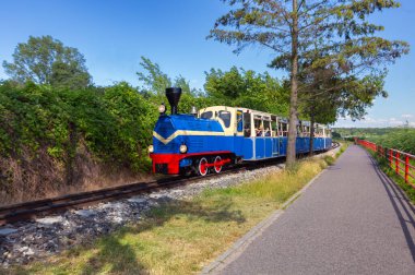 Polonya, Poznan - 6 Temmuz 2024: Minik bir buhar lokomotifi yolcularla birlikte Maltanka parkı tren yolu boyunca seyahat ediyor