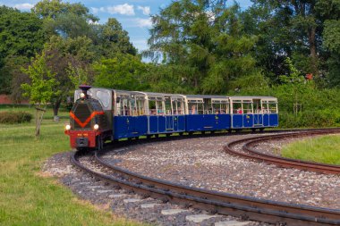 Polonya, Poznan - 6 Temmuz 2024: Minik bir buhar lokomotifi yolcularla birlikte Maltanka parkı tren yolu boyunca seyahat ediyor