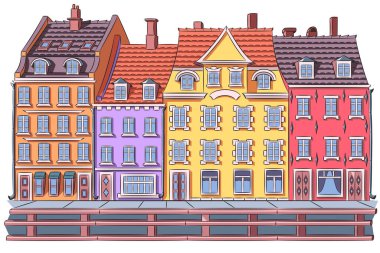 Nyhavn Kanalı, Kopenhag, Danimarka 'daki eski ortaçağ evlerinin renk vektör çizimi
