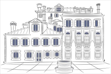 Küçük bir Venedik meydanında taş kuyusu olan eski ortaçağ evlerinin siyah ve beyaz çizimleri, İtalya