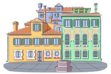 Küçük bir Venedik meydanında taş kuyusu olan renkli ortaçağ evlerinin renkli vektör çizimi, İtalya