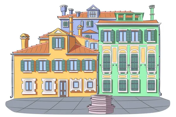 Küçük bir Venedik meydanında taş kuyusu olan renkli ortaçağ evlerinin renkli vektör çizimi, İtalya