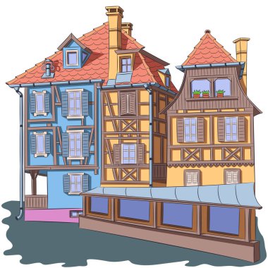 Fransa 'nın Kalmar kentindeki bir kanalın kıyısındaki eski ortaçağ yarı ahşap renkli evlerin renk vektör çizimi