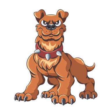 Kahverengi kürklü, vahşi ifadeli ve beyaz arka planda izole edilmiş kırmızı uçlu yakalı kaslı çizgi film köpeğinin vektör çizimi.