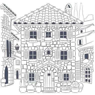 Panjurları ve fayanslı çatısı olan, küçük bir köy sokağıyla çevrili geleneksel bir İtalyan taş evinin siyah-beyaz çizimi.