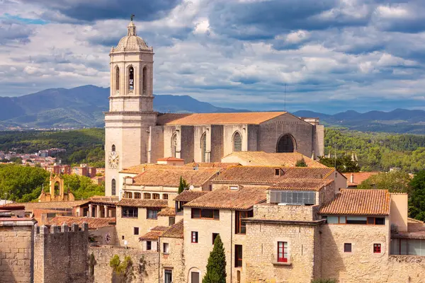 Girona Katedrali 'nin gündüz manzarası Girona, İspanya' da tarihi taş binalar ve terasotta çatılarıyla çevrilidir.