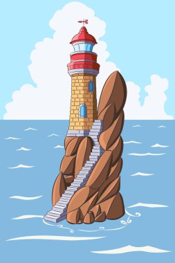 Okyanusla çevrili sarp kayalıklardaki bir deniz fenerinin renkli vektör çizimi