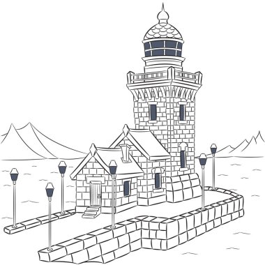 Deniz kıyısında kubbeli bir kulesi olan taştan bir deniz fenerinin siyah-beyaz çizimi, bitişik binalar ve çevresindeki fenerler.