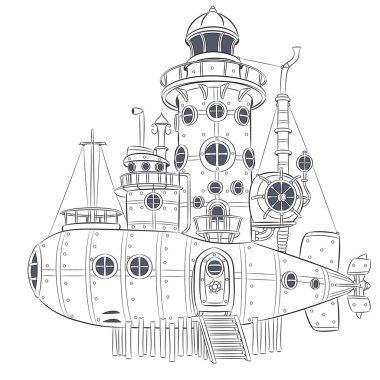 Karmaşık detaylarla donatılmış bir deniz fenerinin vektör çizimi.