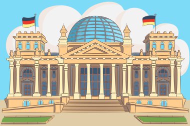 Berlin Almanya 'daki Reichstag binasının cam kubbesi ve iki Alman bayrağının temsilcisi.