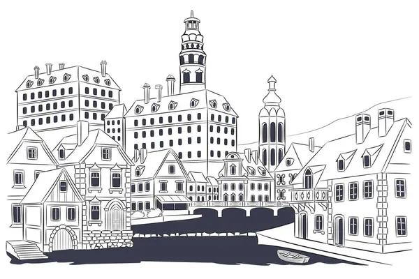 Çek Cumhuriyeti 'nde tarihi kent Cesky Krumlov' un kulesi, nehri ve ortaçağ binaları ile siyah ve beyaz çizimi