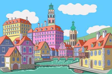 Çek Cumhuriyeti 'nin nehir kıyısında tarihi binaları olan Cesky Krumlov şehrinin renkli vektör çizimi