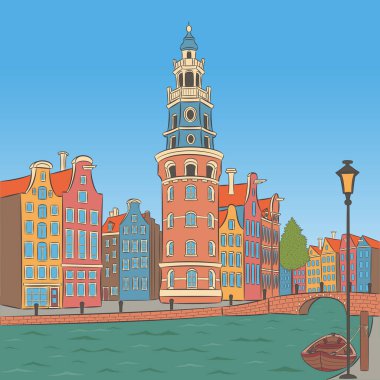 Hollanda, Amsterdam 'da renkli kanal evleri ve Montelbaanstoren Kulesi