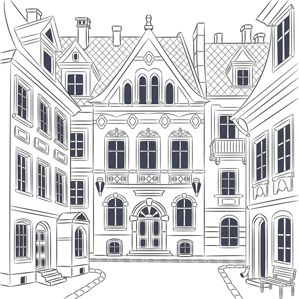 Çek Cumhuriyeti Prag 'daki tarihi Old Town caddesinin siyah-beyaz çizimi