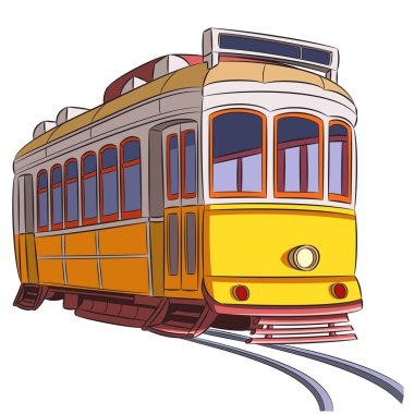 Demiryollarında klasik sarı Lizbon tramvayı tasviri
