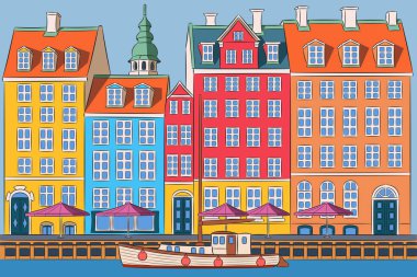 Kopenhag Danimarka 'daki renkli Nyhavn rıhtım binalarının temsilcisi.