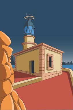 Kadavra, İspanya 'daki bir deniz fenerinin vektör çizimi ve kıyı arkaplanı