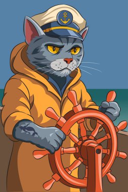 Deniz kaptanı gibi giyinmiş, direksiyonlu bir kedinin vektör çizimi.