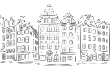 İsveç 'teki Stortorget Meydanı' ndaki tarihi binaların siyah-beyaz çizimi