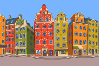 Stockholm, İsveç 'teki Stortorget Meydanı' ndaki renkli tarihi binaların vektör çizimi