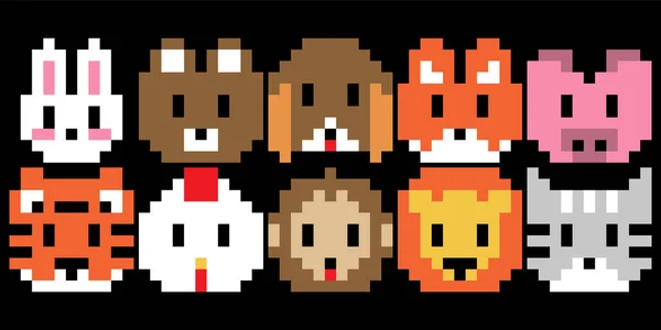Jeu Tête Animal Mignon Pixel — Image vectorielle