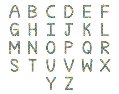 Dekorasyon ve basım için alfabedeki dekorasyon üzerine renkli sevimli çiçek