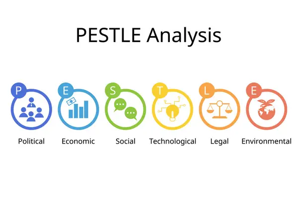 Pestel 분석은 환경에서 정치적 경제적 사회적 기술적 환경적 요소를 조사하기 로열티 프리 스톡 일러스트레이션
