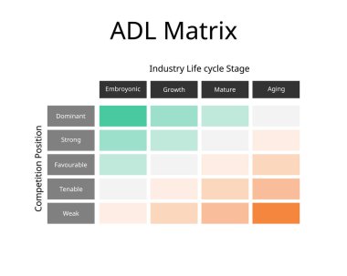 ADL Matrix or Strategic Condition Matrix to manage your portfolio by making judgements around the overall market and industry life cycle clipart