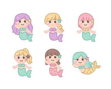 Değişik saç stilleri ve renkleri olan sevimli denizkızları.