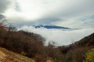 Japonya, Kawaguchiko yakınlarındaki yüksek bir dağdaki çay dükkanının bulutlu atmosferiyle sabahları Fuji Dağı 'na bakıyorum..