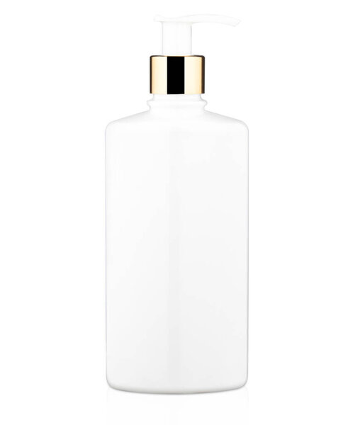White plastic bottle with gold cap.