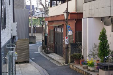 Chiba Japonya - 22 Mart 2017: Naritasan Omotesando Caddesi, Chiba uzun bir geçmişi olan bir sokaktır. Kutsal antik tapınaklar ve yol kenarında hediyelik eşya dükkanları var. Yılan balığı çok lezzetlidir..