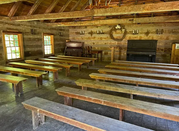 Historic Meeting House interior in the recreated and restored 1800 Pioneer Village at Spring Mill State Park, near Mitchell, Indiana.