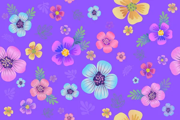 Kamelien Gänseblümchen Narzissen Blumen Auf Violettem Hintergrund Stockillustration