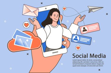 Mor arkaplan üzerinde akıllı telefon ve sosyal medya simgeleri kullanan bir kadınla sosyal medya konsepti. Renkli tasarım. vektör illüstrasyonu