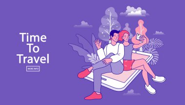 Haritayla seyahat eden bir çiftin vektör çizimi. seyahat ve tatil kavramı.