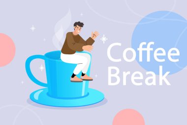 kavramsal manşet kahve molası. Kavram, kahve molasında dinlenmek ya da işe zamanında gitmek anlamına geliyor. İş adamı fincan kahveyle masaya oturuyor.